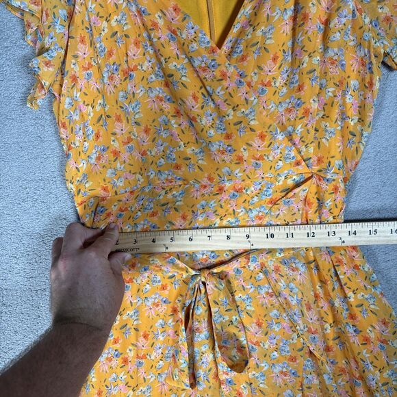 Maison Tara Womens Size 14 Cold Shoulder Maxi Dress Chiffon Yellow Belted Ruffle - Picture 6 of 12